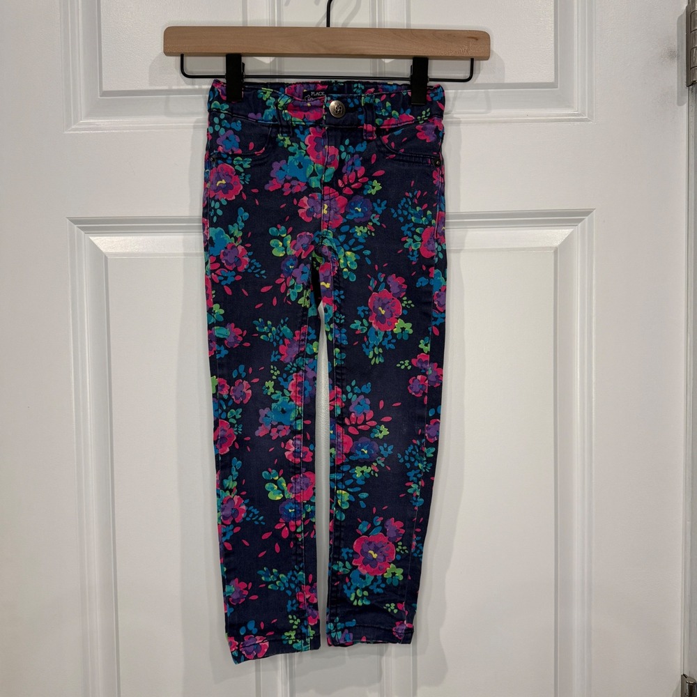 The Childrens Place Girls Floral Jeggings Navy Blue Pink Stretch Pants Size 5